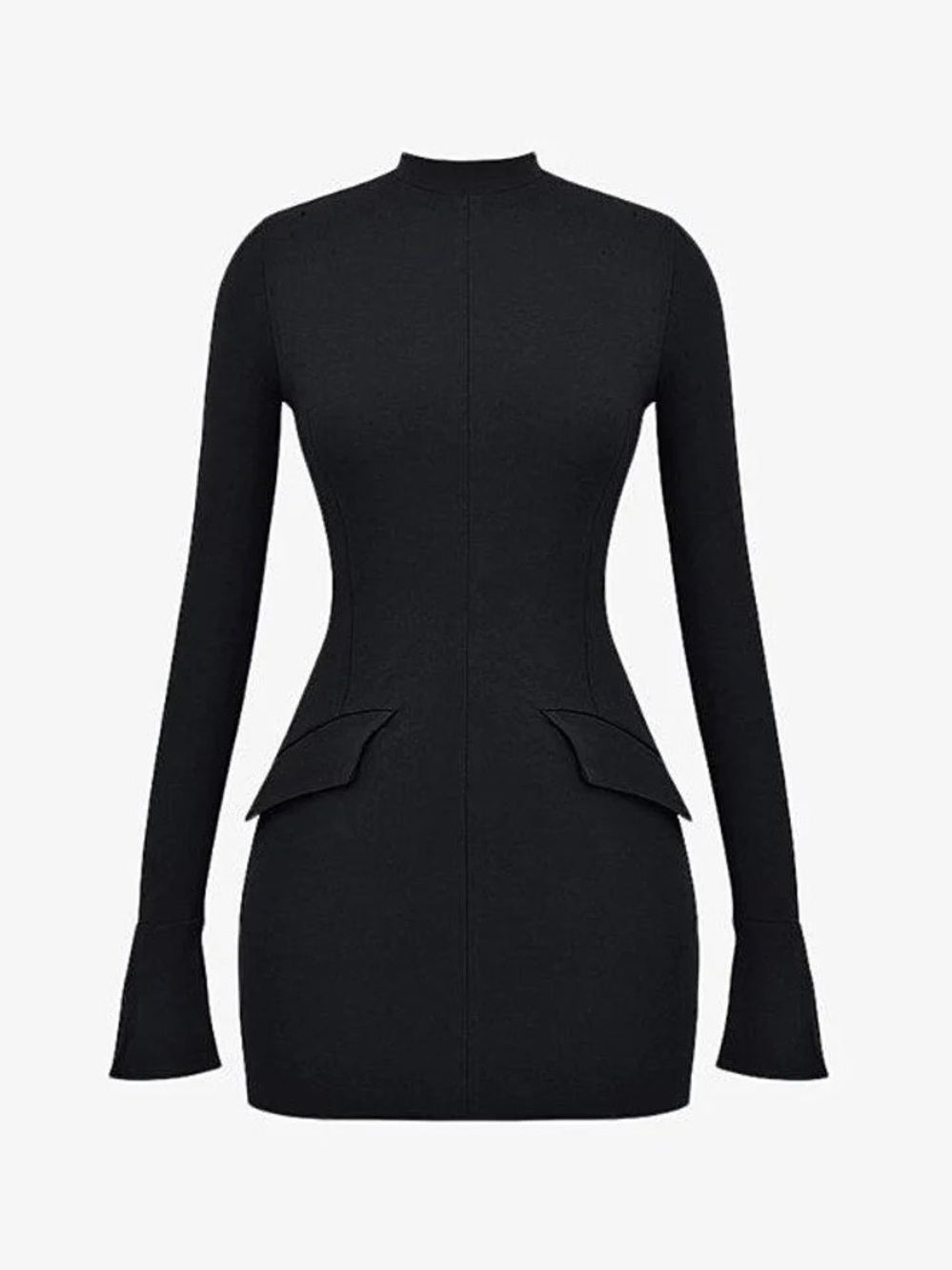 Stretchy Black Long-Sleeve Mock Neck Mini Dress w Flap Pockets —like House of CB